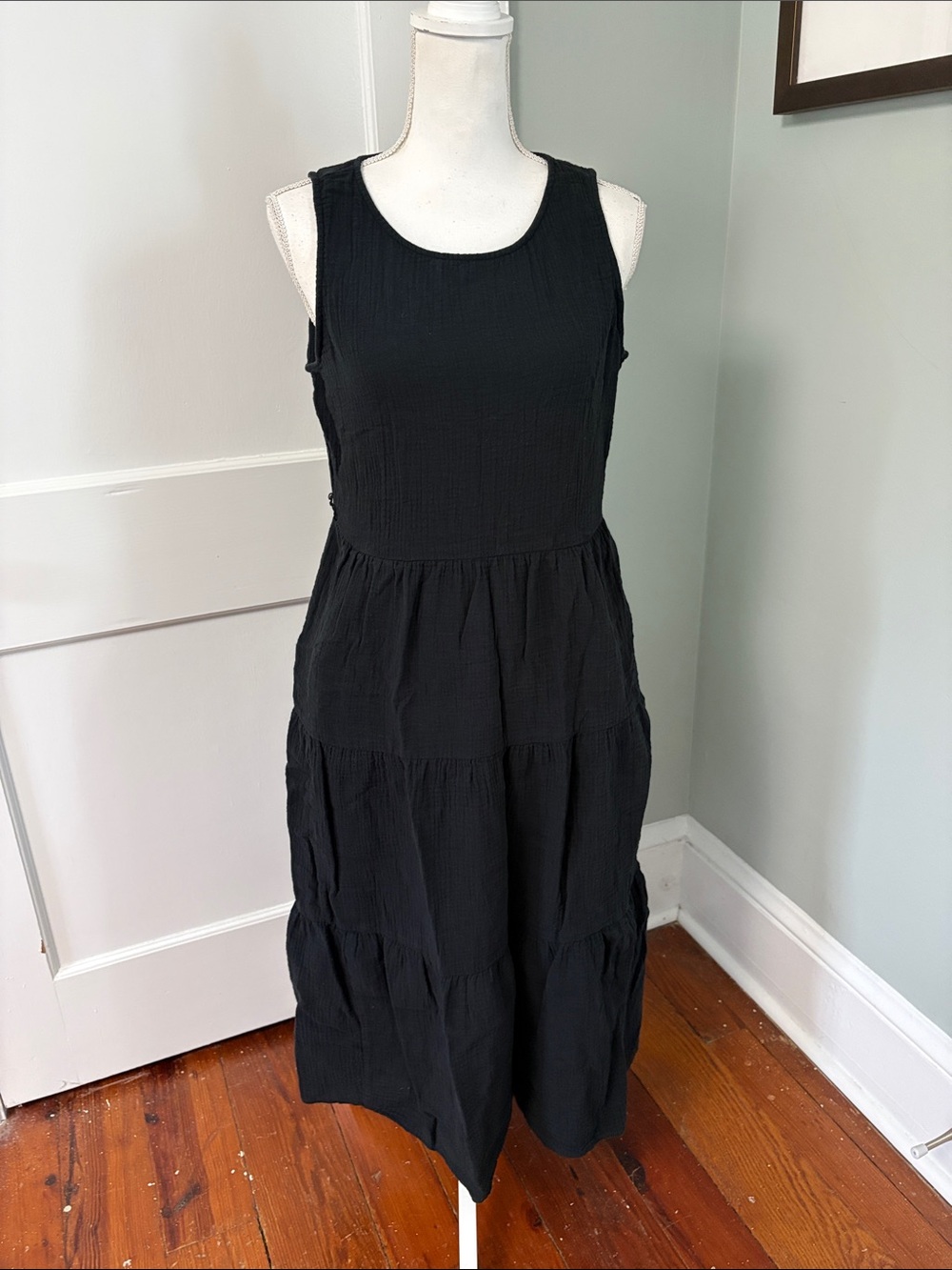 J. Crew Factory Black Sleeveless Tiered Midi Dress Gauzy Cotton Size 8